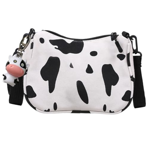 Garneck Canvas Crossbody Bag Damen Single Schultertasche mit Reißverschluss Umhängetasche in Weiß mit Niedlichem Kuhmuster und Praktischem Stauraum für Alltag und Freizeit von Garneck