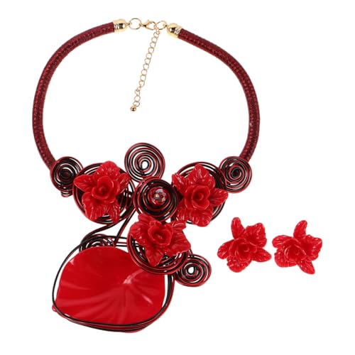 Garneck Chunky Bib Necklace und Rote Blumen Ohrringe Set Handgefertigte Leichte Statement Halskette mit Blütenanhänger und Hängenden Ohrsteckern Vielseitig für Frauen und Mädchen bei Party von Garneck