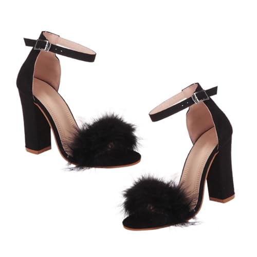 Garneck Chunky Heels Sandaletten Damen Offene Sommer Schuhe mit Kunstfell Ball Design Bequeme High Heeled Sandals für Party Büro Hochzeit Cocktail von Garneck