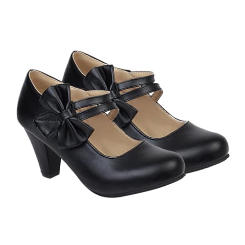 Garneck Damen Chunky High Heeled Schuhe mit Schleife Pu Material rutschfeste Gummisohle Stilvolle Pumps Geeignet für Partys Büro und Festliche Anlässe Schwarz von Garneck