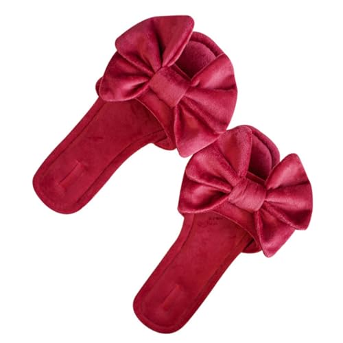 Garneck Damen Hausschuhe Indoor Samt Rot mit Schleifen Dekor Rutschfeste Sohle Komfortable Weiche Slipper für Zuhause von Garneck