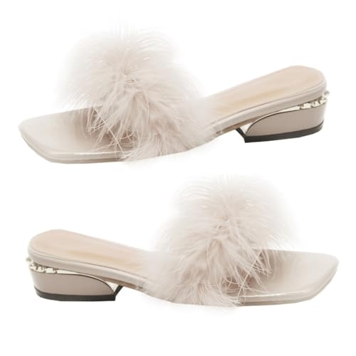 Garneck Damen Hausschuhe Sommer Offen Zehen Pantoletten mit Wollbesatz Bequeme Chunky Heel Slipper Atmungsaktive Leichte PU Gummi Sandalen für Freizeit und Alltag Beige von Garneck