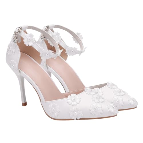 Garneck Damen High Heels Sandalen Weiß Stilvolle Spitze Zehen Langlebiges Material Rutschfest Bequeme Absatzschuhe für Hochzeit Party und Outdoor anlässe von Garneck