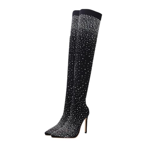 Garneck Damen High Heels Stiefeletten mit Spitzem Zeh Strassverzierte Schwarze Mode Boots mit Dickem Absatz Bequeme Innensohle Elegante Abendschuhe für Alltag und Party von Garneck