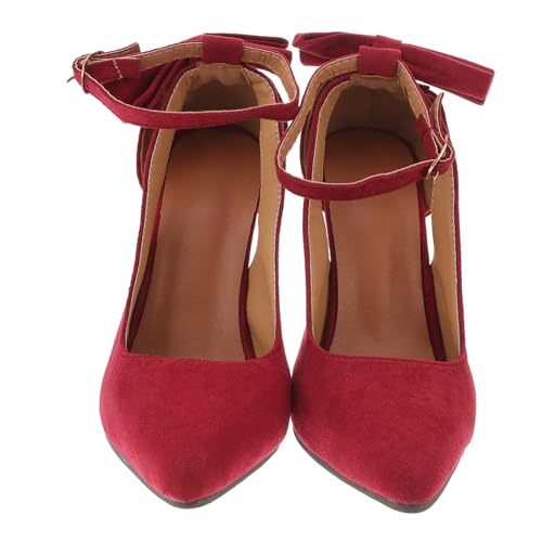 Garneck Damen Pumps High Heels mit Spitzem Zehenbereich Verstellbarem Knöchelriemen und Dekorativer Schleife Stilvoll und Angenehm für Party Hochzeit und Alltag Weinrot von Garneck