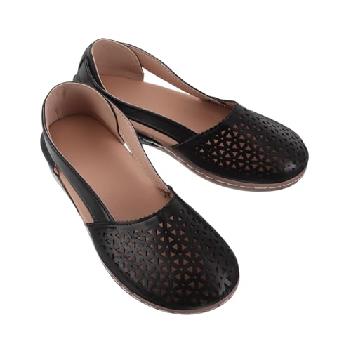 Garneck Damen Sandalen Sommer Wedges Niedriger Keilabsatz Rundzehen Atmungsaktiv Hohl Design Vielseitig Lässig Schwarz von Garneck