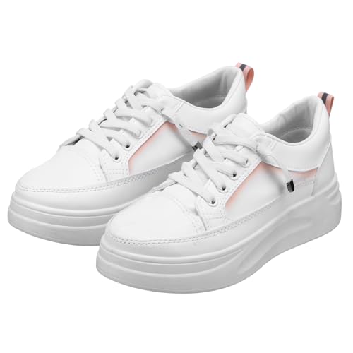 Garneck Damen Sneaker Weiß mit Dicker Sohle Modische Flache Sportschuhe aus Weichem Pu Material Bequeme Strapazierfähige Freizeitschuhe Leicht zu Reinigen Vielseitig für Alltag und von Garneck