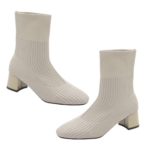 Garneck Damen Stiefeletten mit Woven Obermaterial Herbst Boots mit Stabilem Chunky Heel Atmungsaktiv Leicht und Komfortabel Modische Gestrickte High Heels für Alltag und Freizeit Beige von Garneck