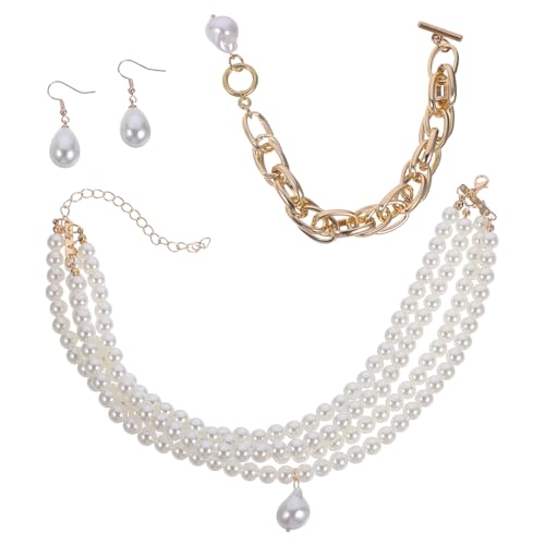 Garneck Elegantes Perlen Schmuckset Damen Brautschmuck Armband Halskette Ohrringe Teiliges Goldfarbene Legierung Hochzeit für Frauen Valentinstag Weihnachten von Garneck