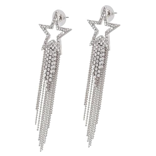 Garneck Extravaganter Stern Ohrringe mit Funkelnden Strasssteinen Lange Tassel Design Damen Ohrhänger Silberfarbene Nadel Dekorative Statement Ohrringe für Frauen und Mädchen von Garneck
