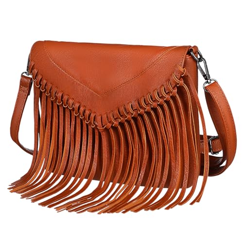 Garneck Fransen Umhängetasche Damen Klein Modisch Vielseitig als Schulter Crossbody Bag Tragbar Leichte Handtasche mit Quasten Braun für Alltag und Freizeit von Garneck