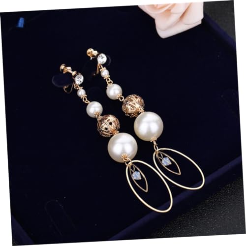 Garneck Goldene Ohrclips Damen mit Zarten Perlen Langen Ketten und Ovalem Anhänger nicht Durchstochen Modischer Ohrschmuck für Hochzeit Party und Alltag von Garneck