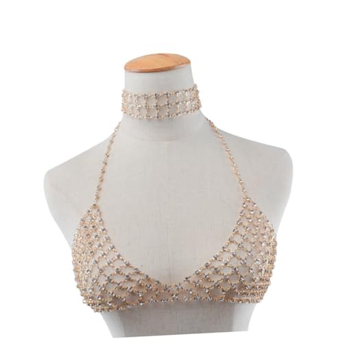 Garneck Goldfarbene Glitzernde Sequin Body Jewelry Brustkette Handgefertigte Verstellbare Chain für Damen Körperkette für Strandparty Club und Badeanzug Accessoire von Garneck