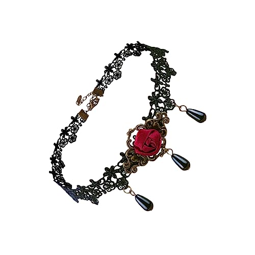 Garneck Halskette mit Schwarzem Spitzenkragen und Tiefroter Rosenverzierung Halloween Schmuck Verstellbarer Kurzkragen für Damen Eleganter Festival Style von Garneck