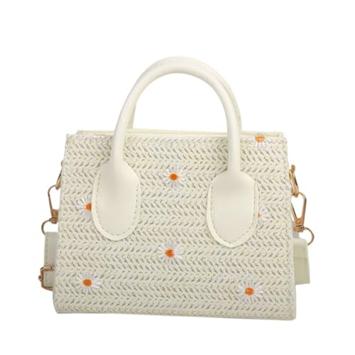 Garneck Handgewebte Damen Schultertasche mit Gänseblümchenmotiv Leichte Strapazierfähige Umhängetasche für Alltag und Shopping Modische Weiße Strohtasche Praktisches Kleines Kasten design von Garneck