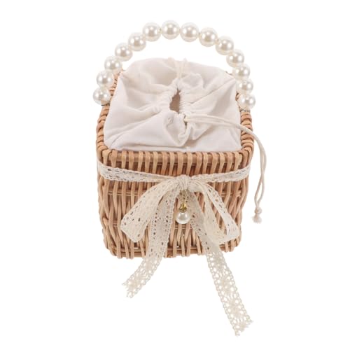 Garneck Handgewebte Rattan Handtasche mit Kunstperlenkette Quadratische Strohtasche mit Schleifenmotiv Leichte Damen Crossbody Umhängetasche für Sommerurlaub und Strandtage von Garneck