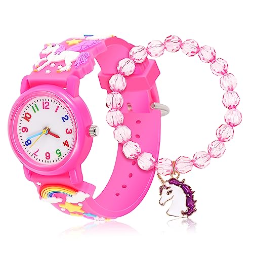 Garneck Kinderuhr Analog mit Einstellbarem Armband Pinkes Einhorn Design Teiliges Armbanduhr und Perlenarmband für Mädchen Sicherer von Garneck