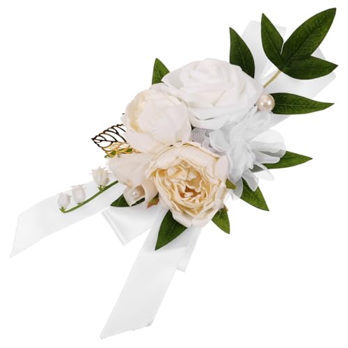 Garneck Künstliche Rosen Corsage Seidigem Material Langlebig und Braut und Brautjungfern Hochzeitsschmuck Weiß und Champagnerfarbene Schleifenblume Romantische Hochzeitsdekoration von Garneck