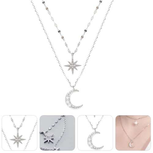 Garneck Layered Choker Halskette Damen Silber mit Stern und Mond Anhänger Zweireihig mit Funkelnden Zirkonia Eleganter Damen Schmuck für Alltag Party und Besondere Anlässe von Garneck