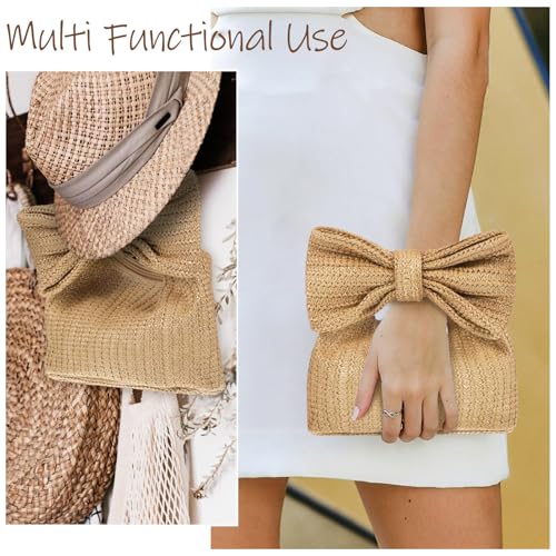 Garneck Leichte Strohtasche mit Schleifenakzent Geflochtene Clutch für Damen Vielseitige Sommerhandtasche für Strand Shopping Urlaub und Romantische Anlässe Geräumige Tragetasche aus von Garneck