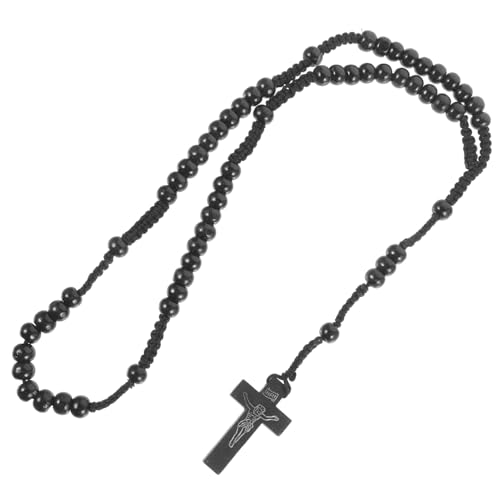 Garneck Natürliche Holzperlen Kreuzkette für Damen und Herren Handgefertigte Schwarze Rosenkranz Halskette Modischer Choker mit Gewebten Ketten Langlebiger Schmuck für Alltag und von Garneck