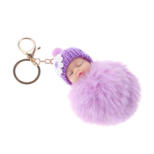 Garneck Puppe Pom Pom Schlüsselanhänger Niedliche Flauschige Schlafende Babypuppe Pompon Frauen Unisex Auto Schlüsselanhänger Geldbörse Tasche Telefon Anhänger Tasche Charm Lila von Garneck
