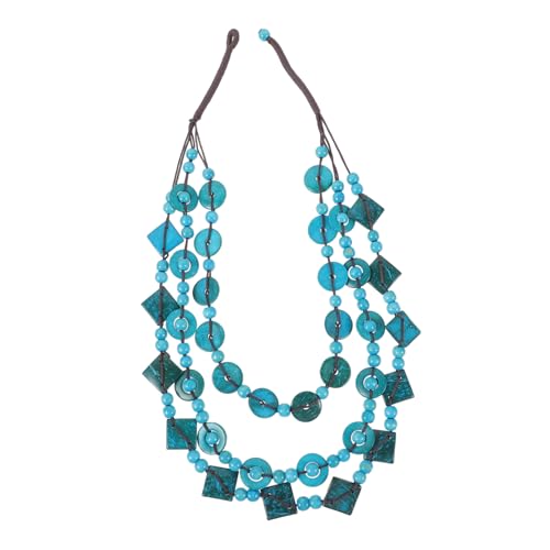 Garneck Retro Bohemia Damen Halskette aus Handgewebten Kokosnussschalen und Natürlichen Holzperlen Bunte Strandkette mit Pfauenblau Anhänger Langlebiger Schmuck für Alltag und von Garneck
