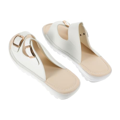 Garneck Sommer Damen Sandalen Echtleder Flache Freizeit Slipper Weiß Bequeme Kühlende Strandschuhe Leichte Keilabsatz Sandaletten für Urlaub und Alltag von Garneck