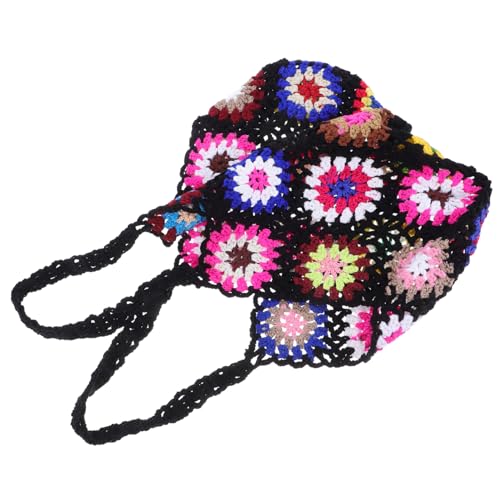 Garneck Stricktasche Damen Handgehäkelt Floral Muster Schultertasche Lässige Umhängetasche für Strand Urlaub Alltag Schwarz von Garneck