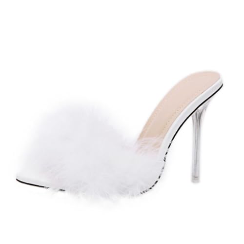 Garneck Transparente Damen High heel Slipper mit Spitzem Zehenbereich Dünnem Absatz und Flauschigem Innenfutter Modische Kühle Sommer schuhe für Frauen Vielseitig Kombinierbar Weiß von Garneck