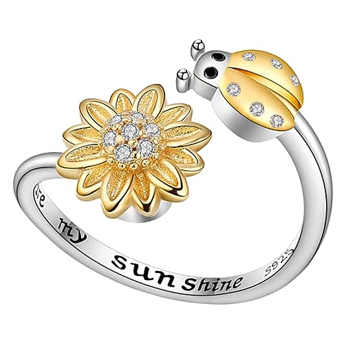 Garneck Verstellbarer Damen Sonnenblumenring mit Marienkäfermotiv Offener Kupfer Fingerring Langlebiger Fidget Ring Schmuck Leichtes Design für Frauen von Garneck