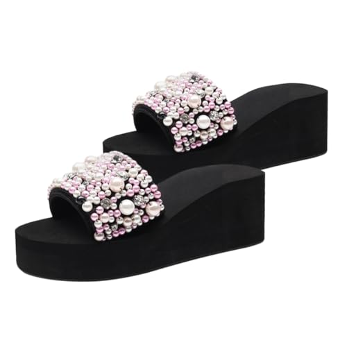 Garneck Wedgeslipper Damen Sommer Keilabsatz Sandalen Anti rutsch Dicke Sohle Bequeme Strandschuhe für Strand und Alltag Rosa von Garneck