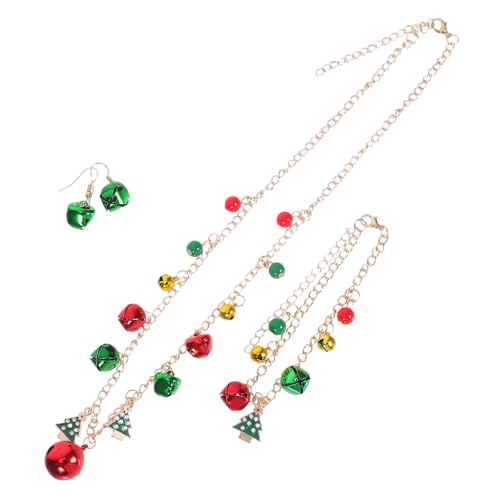 Garneck Weihnachtliches Schmuckset Damen Jingle Bell Anhänger Halskette Armband Tropfen Ohrringe Hypoallergen Farbblock Design Festliche Party Accessoires von Garneck