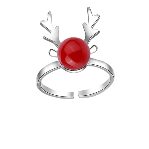 Garneck Weihnachtsring Damen Geweih Design Roter Perlen Fingerring Material Modisch Süßer Mini Elch Schmuck Weihnachten von Garneck