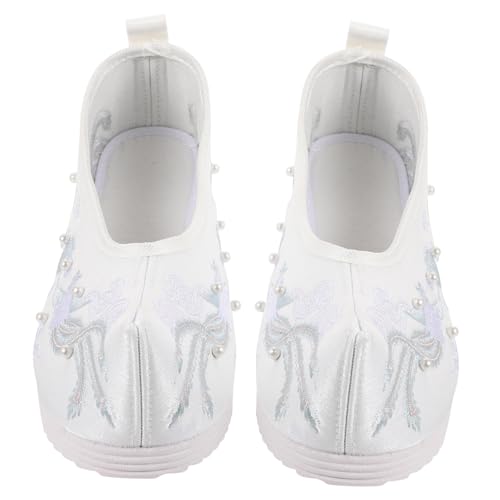 Garneck Weiße Bestickte Brautschuhe Damen Ethno Stil Hochzeits Sandaletten mit Absatz Leichte Bequeme Stoffschuhe für Festliche Anlässe und Traditionelle Kleidung von Garneck