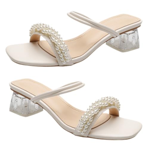 Garneck Weiße Damen Sandalen mit Quadratischer Spitze Chunky Blockabsatz Atmungsaktiv Strapazierfähig Modisch für Sommer Bequemes Tragegefühl Vielseitig Kombinierbar Beige von Garneck