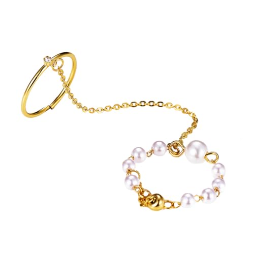 Garneck Zarter Kettenring Mit Kunstperle Exquisiter Fingerschmuck Kreativer Retro Ring Aus Legierung Chic Kette Ring Für Party Und Alltag von Garneck