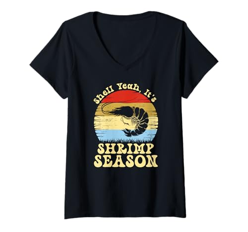 Damen Shell Ja, es ist die Garnelensaison Retro Meme T-Shirt mit V-Ausschnitt Damen Shell Ja, es ist die Garnelensaison Retro Meme T-Shirt mit V-Ausschnitt von Garnelensaison -Meme für Meeresfrüchtefans