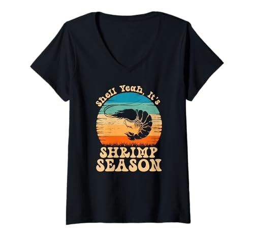 Damen Shell Ja, es ist die Garnelensaison Retro Meme T-Shirt mit V-Ausschnitt Damen Shell Ja, es ist die Garnelensaison Retro Meme T-Shirt mit V-Ausschnitt von Garnelensaison -Meme für Meeresfrüchtefans
