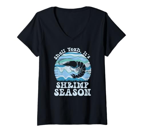 Damen Shell Ja, es ist die Garnelensaison Retro Meme T-Shirt mit V-Ausschnitt Damen Shell Ja, es ist die Garnelensaison Retro Meme T-Shirt mit V-Ausschnitt von Garnelensaison -Meme für Meeresfrüchtefans