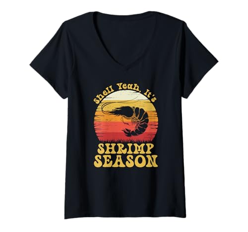 Damen Shell Ja, es ist die Garnelensaison Retro Meme T-Shirt mit V-Ausschnitt Damen Shell Ja, es ist die Garnelensaison Retro Meme T-Shirt mit V-Ausschnitt von Garnelensaison -Meme für Meeresfrüchtefans