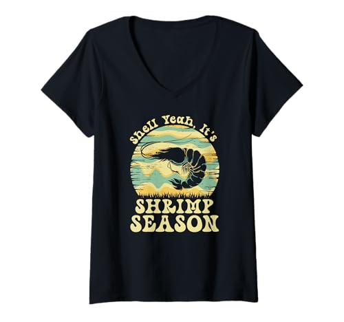 Damen Shell Ja, es ist die Garnelensaison Retro Meme T-Shirt mit V-Ausschnitt Damen Shell Ja, es ist die Garnelensaison Retro Meme T-Shirt mit V-Ausschnitt von Garnelensaison -Meme für Meeresfrüchtefans