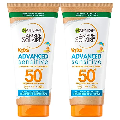 2 x Garnier Ambre Solaire Kids Advanced Sensitive SPF 50+ Widerstand x3 Sehr hoher Schutz für Kinder - 2 Flaschen je 50 ml von Garnier