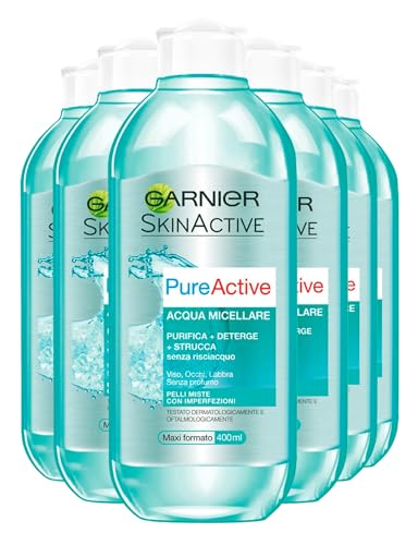 Garnier 3in1 Mizellenwasser zum Abschminken & Entfernen von Make-Up, Gesichtsreinigung von Gesicht & Augen, für fettige, zu Unreinheiten neigende Haut, Hautklar, 6er Pack - 6 x 400 ml von Garnier