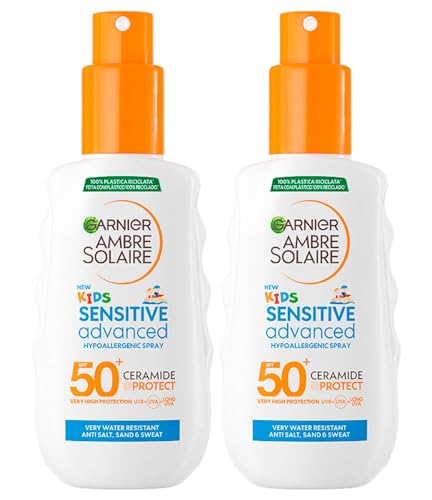 Garnier Ambre Solaire Kids Sensitive Advanced SPF 50+ Spray sehr hoher Schutz für Kinder, hypoallergen und wasserfest, mit Ceramiden, zur Wiederherstellung der Hautbarriere – 2 Flaschen à 150 ml von Garnier