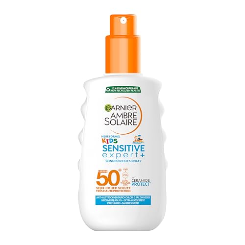 Garnier Sonnencreme LSF 50+ für Kinder, Wasserfest und resistent gegen Sand, Ambre Solaire Kids Sensitive expert+ Sonnenschutzspray, 1 x 150 ml von Garnier