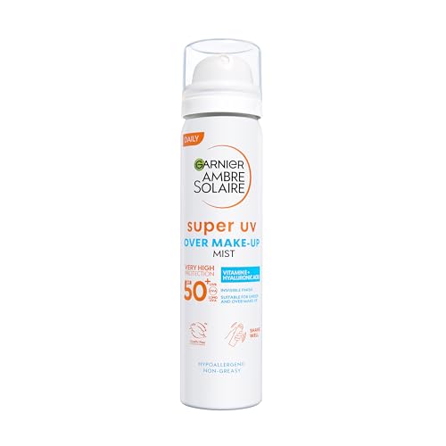 Garnier Ambre Solaire Over Makeup Super UV Protection Mist LSF50+, mit Hyaluronsäure und Vitamin E, leichte Textur, unsichtbares Finish, nicht fettend, spendet der Haut Feuchtigkeit, 75 ml von Garnier