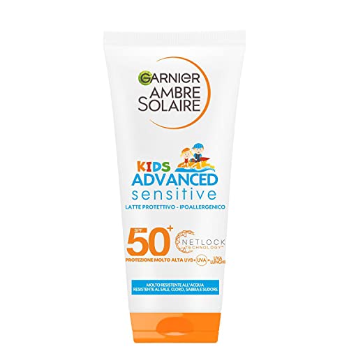 Garnier Ambre Solaire Sonnenschutzmilch für Kinder, Advanced Sensitive Kids, resistent gegen Wasser, Salz und Chlor, hypoallergen, mit sehr hohem Schutz, 200 ml von Garnier