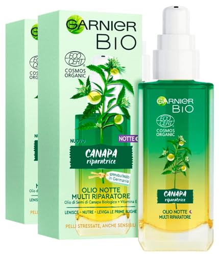 Garnier Bio Nachtöl Multi Reparatur beruhigt, nährt und glättet erste Falten mit Hanfsamenöl Vitamin E für strapazierte und empfindliche Haut - 2 Flaschen à 30 ml von Garnier
