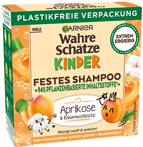 Garnier Festes Kindershampoo, Mildes Pflegeshampoo für empfindliches Haar und leichte Kämmbarkeit, Mit Aprikose und Baumwollblüte, Wahre Schätze Kids, 1 x 60 ml von Garnier